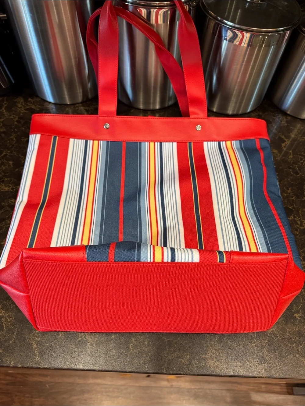 Lancôme Red Striped Tote Bag with Matching Pouch - Women's Beach & Everyday Tote